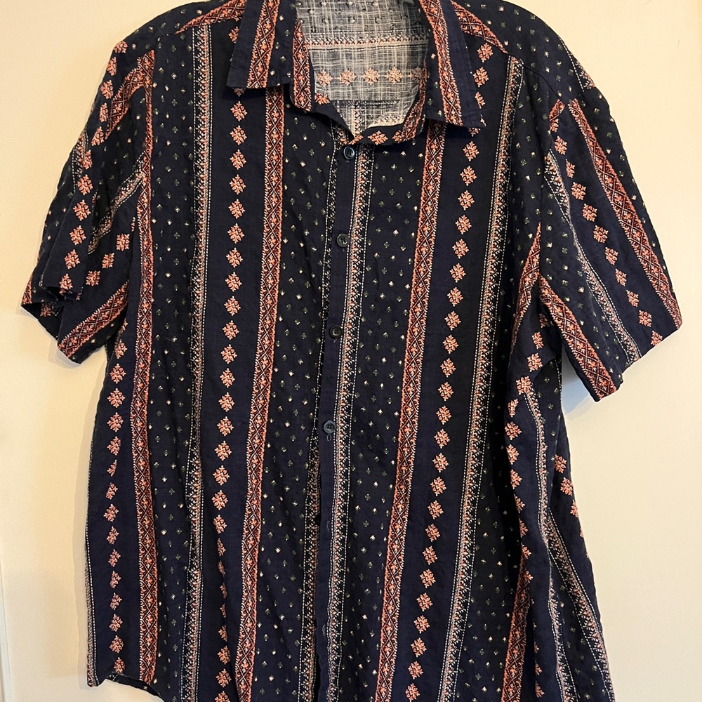 Blue and Red Casual Button Down Shirt with Vibrant Patterns